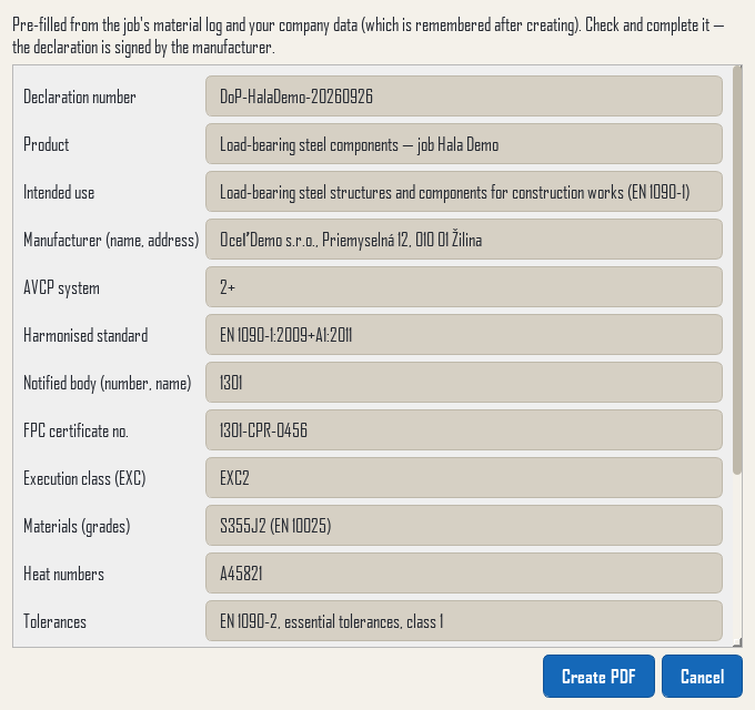 Declaration of Performance form